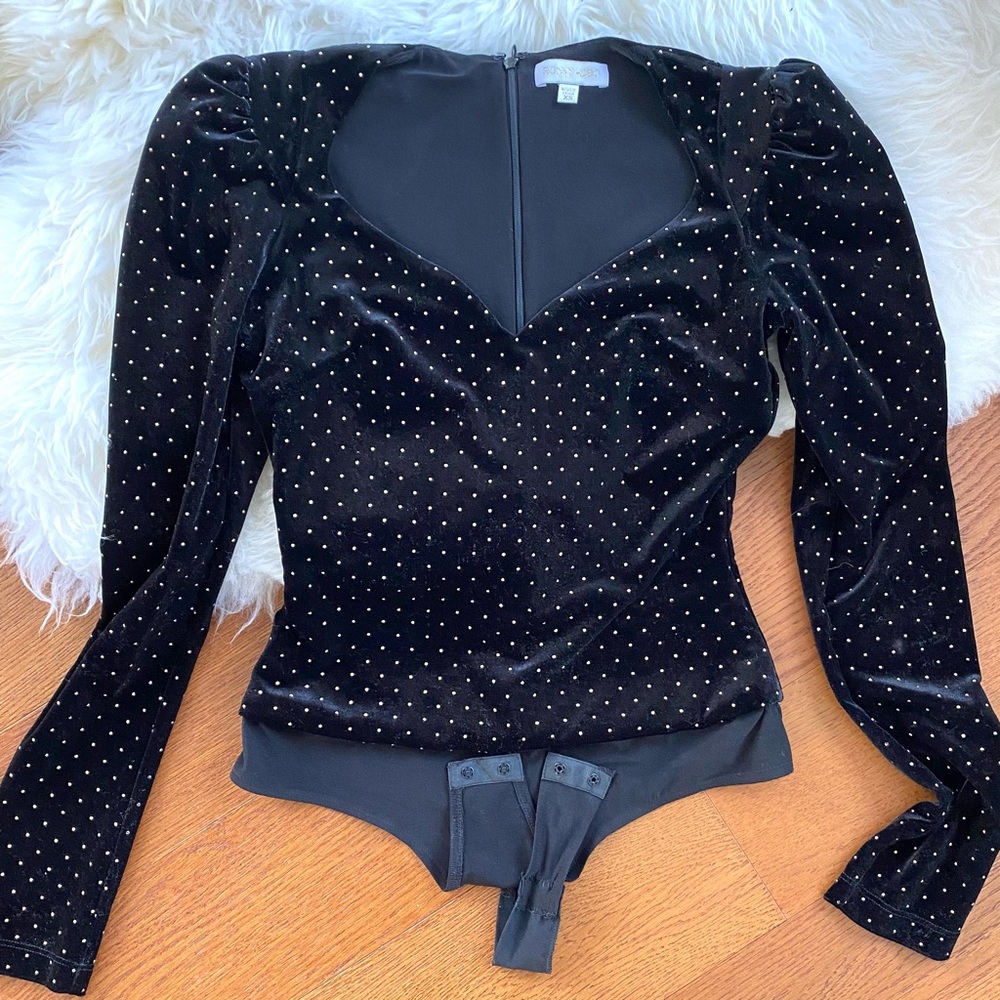 Ronny Kobo gold studded bodysuit black velvet XS